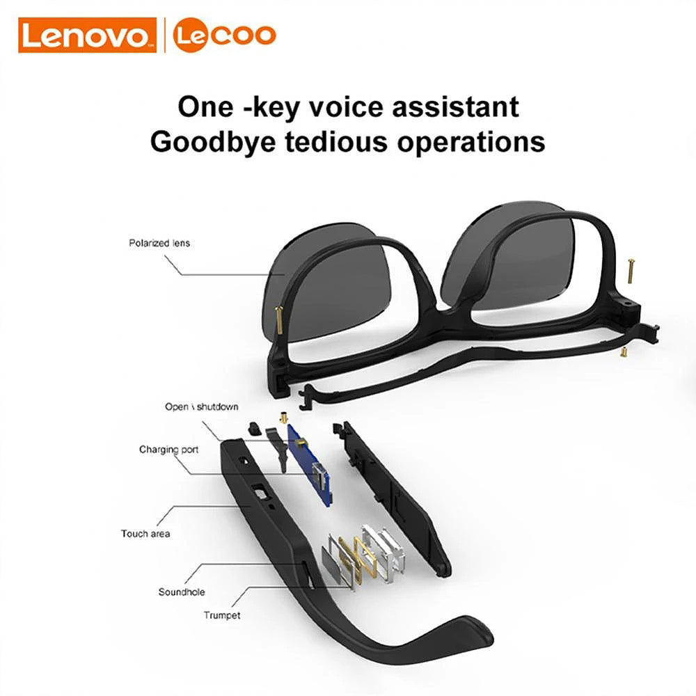 Lenovo Lecoo-C8 Bluetooth V5.0 Earphone 120Mah Battery IPX6 Waterproof Anti-Glare Voice Control Smart Touch 31G Lightweight Sunglasses Sport Headphone