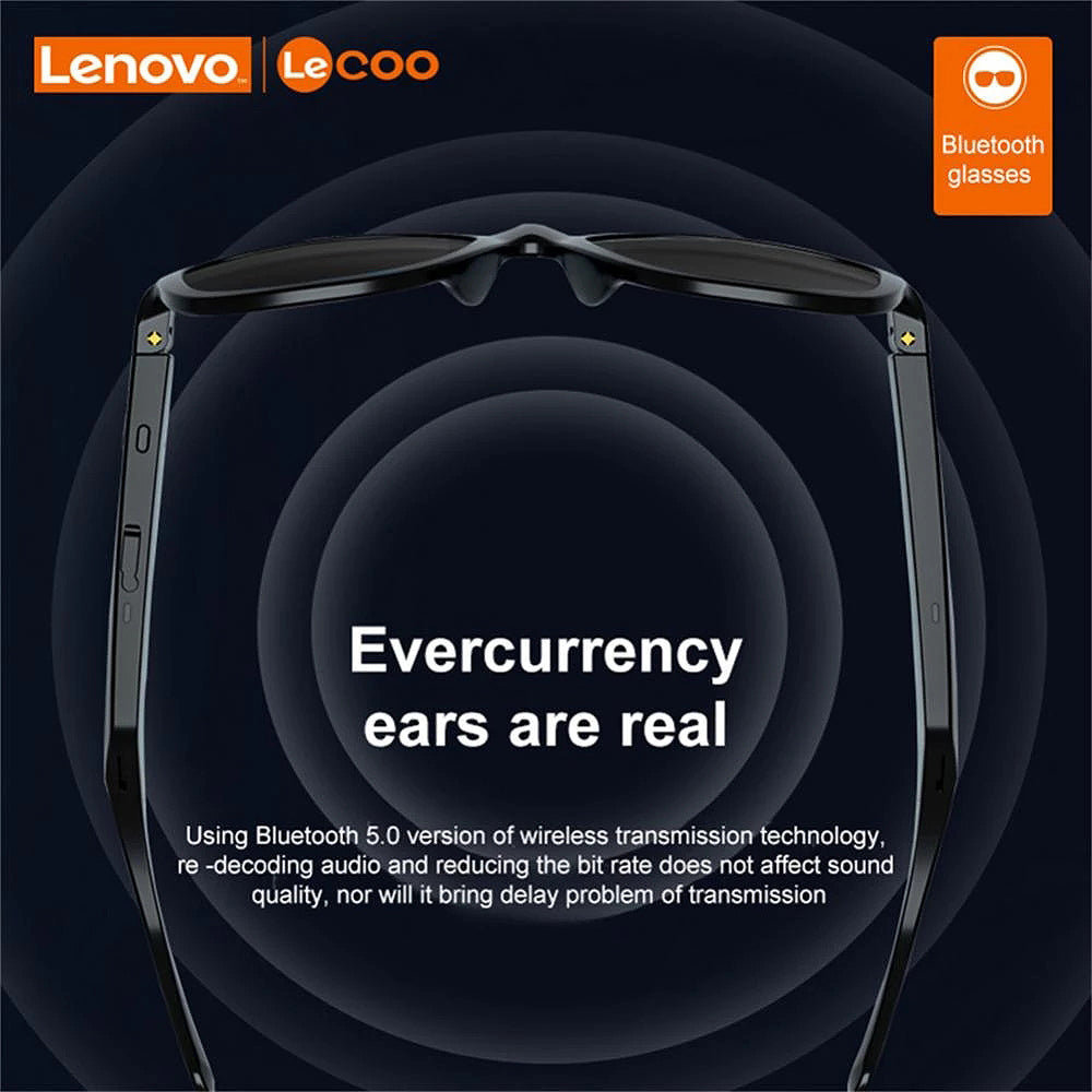 Lenovo Lecoo-C8 Bluetooth V5.0 Earphone 120Mah Battery IPX6 Waterproof Anti-Glare Voice Control Smart Touch 31G Lightweight Sunglasses Sport Headphone